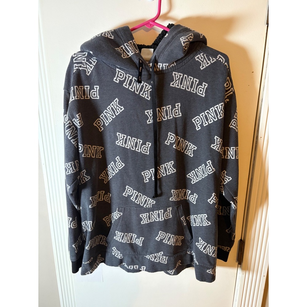 Victorias Secret PINK Hoodie Gray All Over Logo Sherpa Lined Pullover Sweatshirt